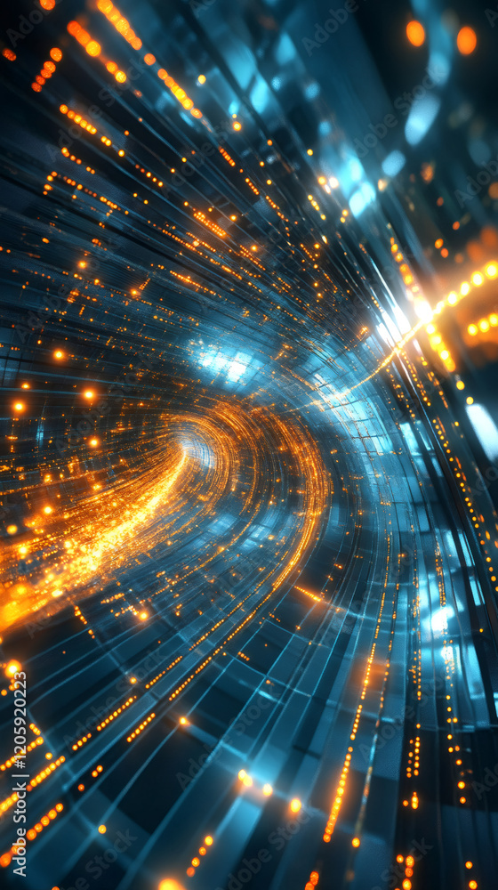 Poster wormhole made of digital circuits and data traveling through space and time at warp speed