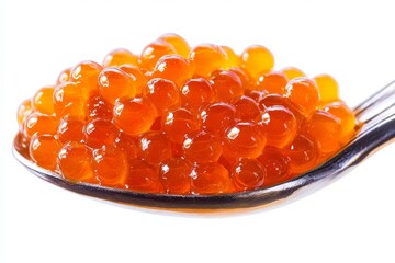 A high-definition, ultra-realistic image of spoon full of delicious salmon caviar cut out isolated on a white background , photorealistic, HD, HDR , 
