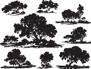 A set of tree silhouettes for flat design. Hand drawn vector illustration
