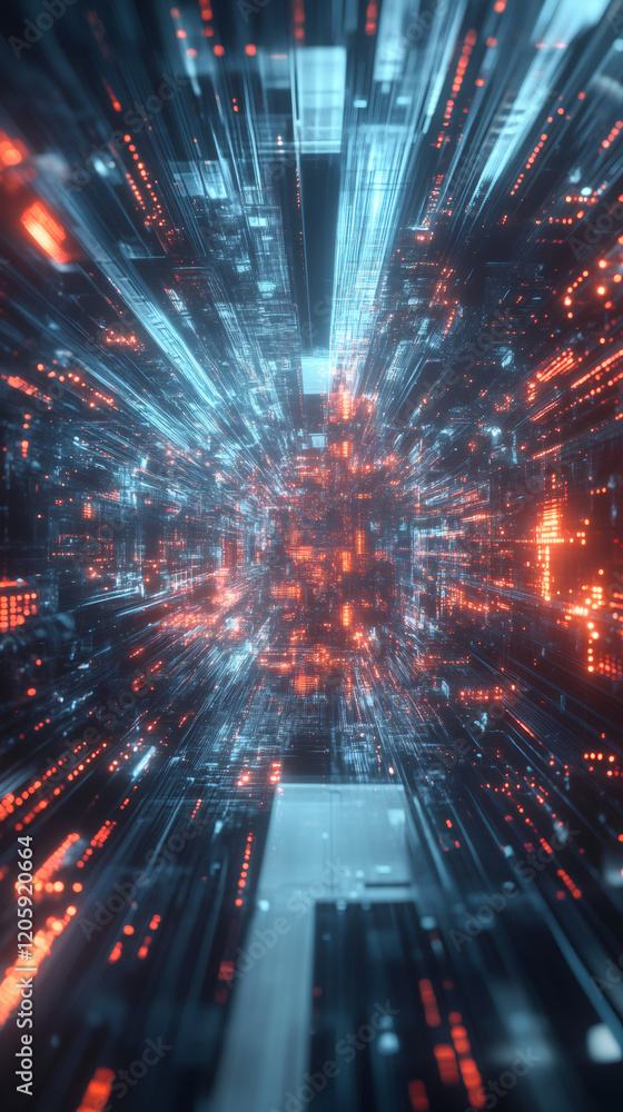 Leinwandbilder data streaming through a cutting-edge server room illuminated by dynamic blue and orange lights, rep
