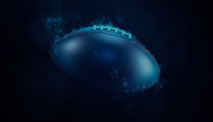 A luminous football floats in a dreamy blue haze, radiating the excitement of Super Bowl magic.