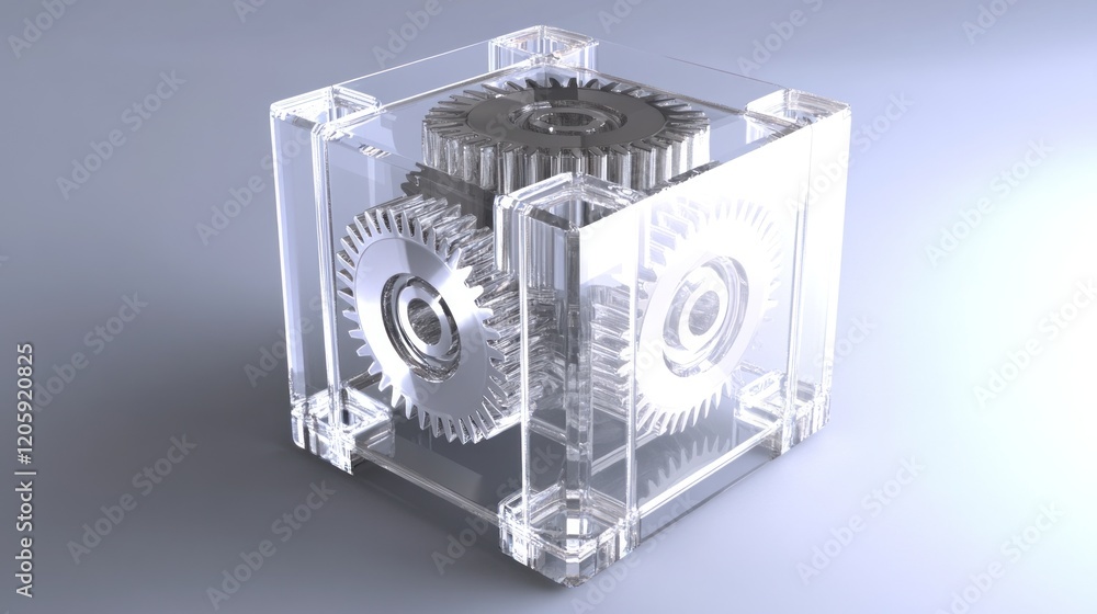 Poster transparent cube with interlocking gears: a 3d render of precision engineering