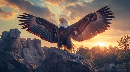 Fototapeta premium Majestic Bald Eagle Soaring Over Dramatic Mountainous Landscape at Sunset