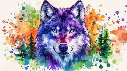 A bold watercolor wolf face with expressive purples and blues, surrounded by colorful splashes and stylized green and orange trees. 