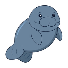 A cute cartoon of a baby elephant and dolphin swimming in the sea with fish and a shark, in a fun, colorful style, with blue water and nature elements, perfect for a happy, playful design