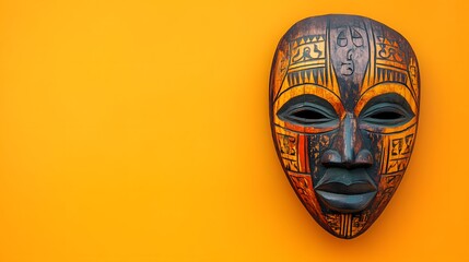 Ornate African Wooden Mask Against Vibrant Orange Background