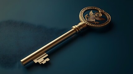 Ornate Vintage Brass Key With Intricate Engraved Pattern on Dark Background