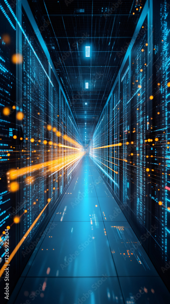 Leinwandbilder Big data flowing seamlessly through interconnected servers, illuminated by vibrant light trails in a modern data center environment