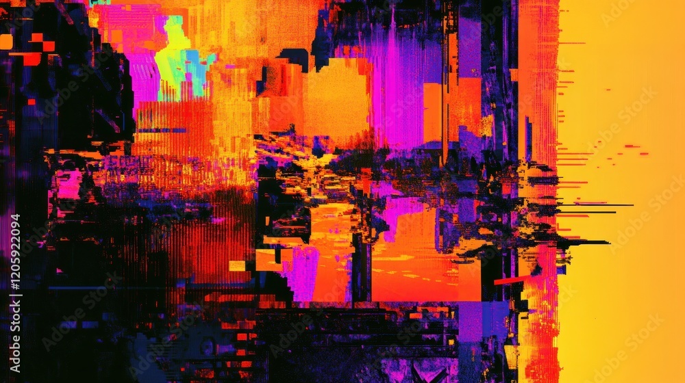 Poster digital glitch art abstract geometric shapes with distorted pixelated design and vibrant colors