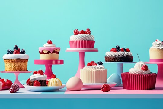 A table full of different types of cakes and cupcakes with raspberries on top