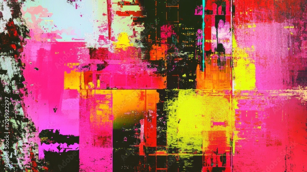 Poster abstract digital glitch art with distorted geometric shapes and vibrant colors in a pixelated style
