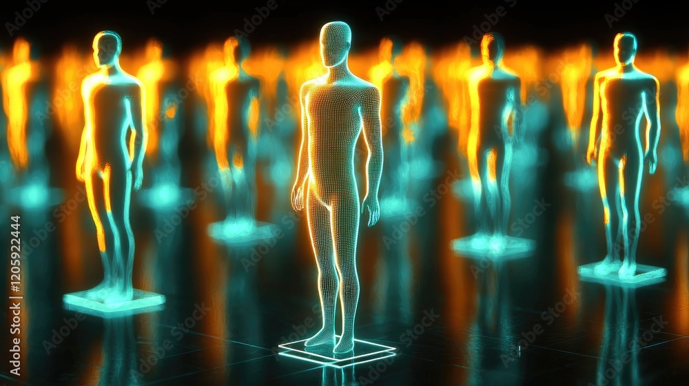 Poster digital human figures display virtual environment 3d model showcase futuristic setting aerial view t