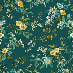 Elegant Teal Green Floral Seamless Pattern Design Luxurious Yellow Flowers Botanical Vintage Style Textile Fabric Print Wallpaper Background          