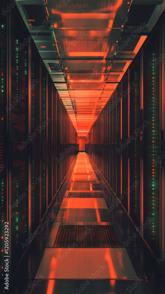 Aufkleber Modern data center with server racks and red lights creating a futuristic technological atmosphere