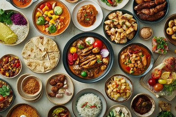 A table full of food with many different dishes, including rice, potatoes