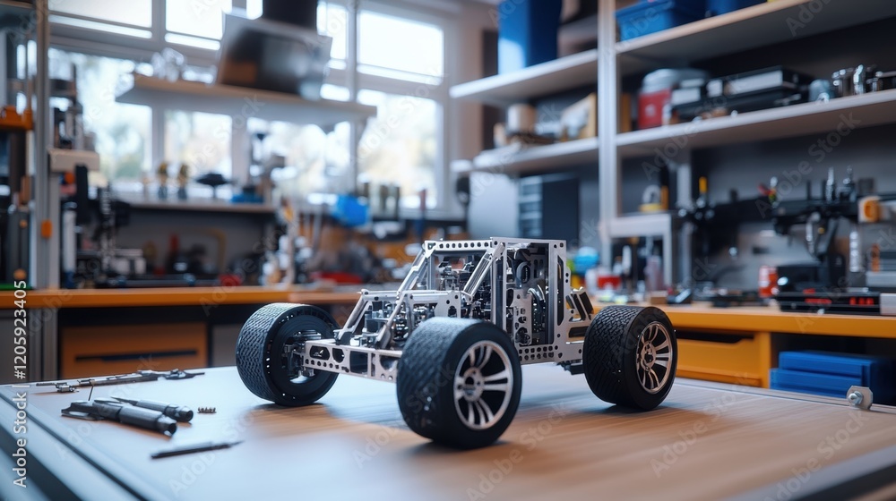 Poster metal frame of a car being assembled in a modern workshop, showcasing engineering and manufacturing 