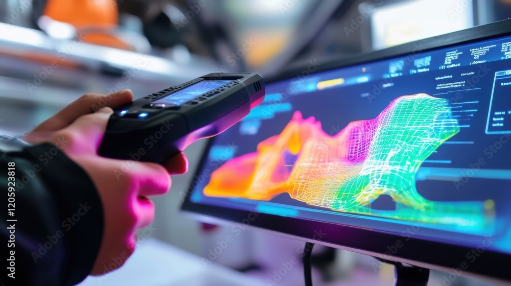 Poster close up of an engineer holding a scanner and interacting with a computer displaying futuristic soft