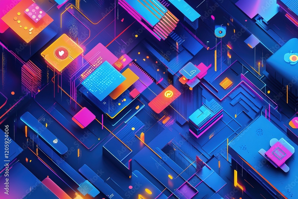 Poster a colorful, abstract image of a cityscape with many different shapes and colors