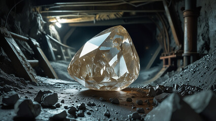 big, uncut diamond stone in a mine that is in its natural state. The idea of wealth, beauty, and rare jewels