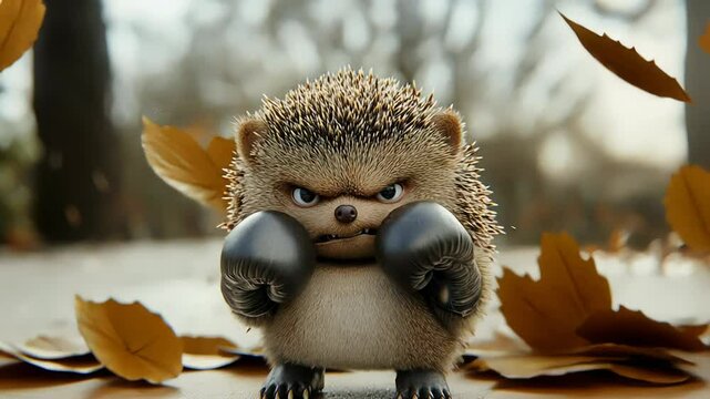 A humorous hedgehog dons boxing gloves and stands confidently in a park surrounded by fallen leaves. The cheerful critter seems ready for an amusing showdown amidst the autumn scenery.