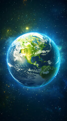 Obraz premium Earth is shown from space with North America visible, surrounded by stars and a glowing atmosphere