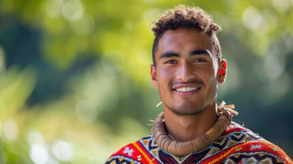 Young happy Maori man, New Zealand indigenous person in traditional clothes, smiling, looking at camera on blurred nature background. Waitangi Day holiday.