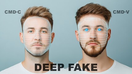 Two similar men with grid overlays labeled CMD-C and CMD-V, emphasizing the risks of identity duplication and fraud using deep fake technology.