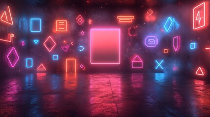 Fototapeta premium Neon Geometric Abstract Room: Vibrant Shapes & Glowing Lights