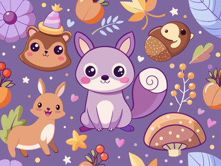 Cute Woodland Animals Pattern on Purple Background