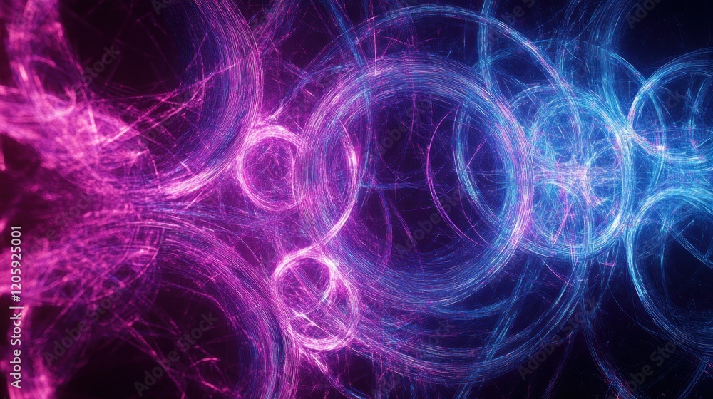 Poster abstract geometric composition with interconnected lines forming luminous circles against a dark bac