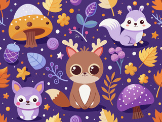 Cute Woodland Animals Pattern on Purple Background