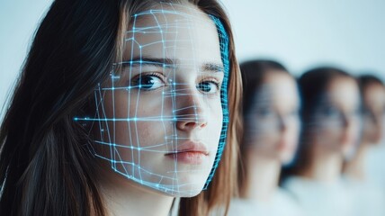 Close-up of a young woman with a glowing face grid overlay, representing artificial intelligence in deep fake detection and facial mapping.