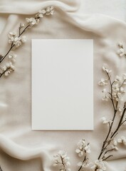 Blank white invitation rests on top of soft beige fabric, with delicate flowers and leaves along the bottom edge. The overall aesthetic is minimalist, with a neutral color palette