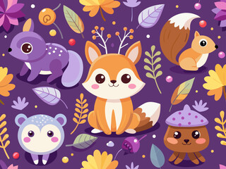 Naklejka premium Cute Woodland Animals Pattern on Purple Background
