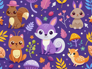 Cute Woodland Animals Pattern on Purple Background