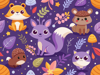 Cute Woodland Animals Pattern on Purple Background