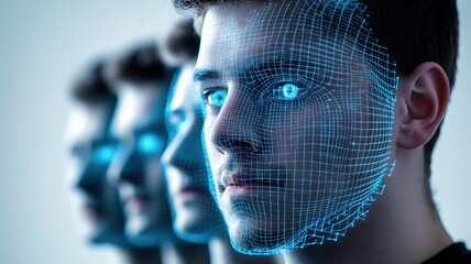 Digital representation of a face with a futuristic grid overlay.