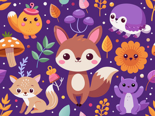 Cute Woodland Animals Pattern on Purple Background