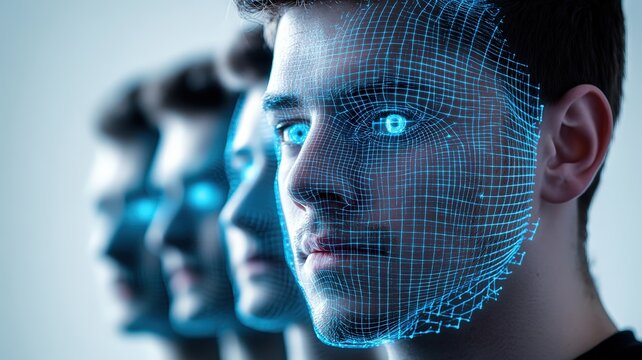 Digital representation of a face with a futuristic grid overlay.
