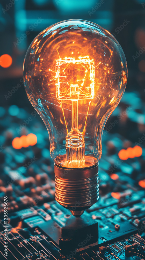 Aufkleber Luminous light bulb hovering above electronic circuit board, representing technological innovation and creative thinking