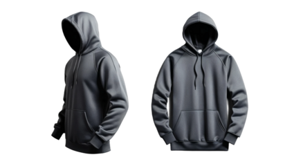Grey hooded sweatshirt seen from the front and back isolated on transparent background