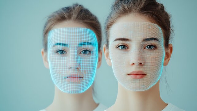 Digital face mapping technology showcases a woman's facial copying for deep fake.