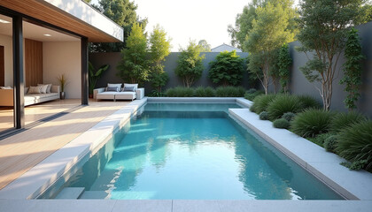 Modern outdoor pool with surrounding greenery in serene setting