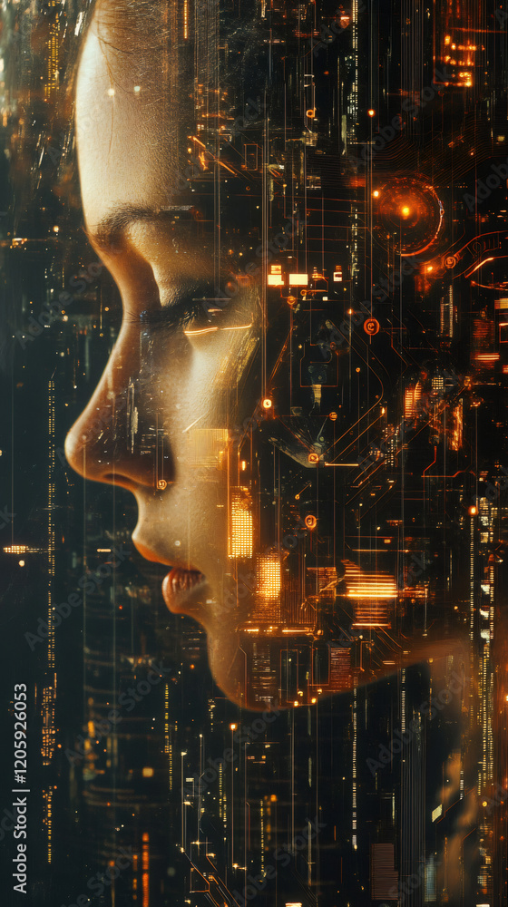 Aufkleber profile of a young woman merging with an electronic circuit, creating a futuristic and technological