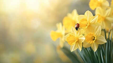 Fototapeta premium Ladybug Resting on Bright Yellow Daffodils in a Sunlit Garden Close-Up
