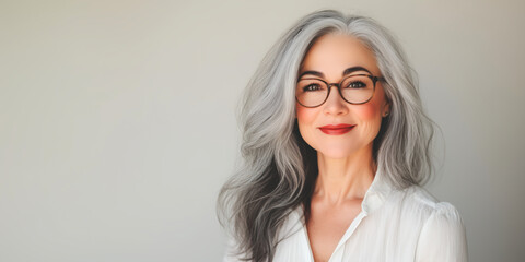 Fototapeta premium Portrait of a senior woman with long silver hair, glasses, and a confident smile, wearing a white blouse, exuding elegance and professionalism against a light neutral background with ample copyspace