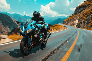 A blue motorcycle is speeding down a mountain road
