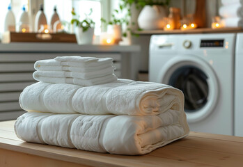Cozy laundry room with neatly stacked white towels and clean linens in soft lighting