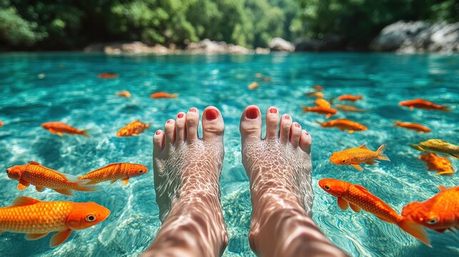 Woman's feet submerged in turquoise river with fish, jungle backdrop