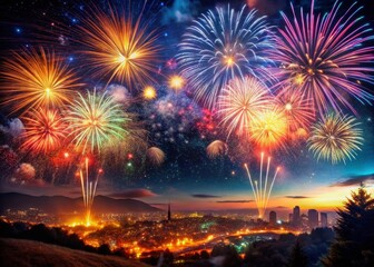 Festive Night Sky: Double Exposure of Holiday Fireworks and Starry Night